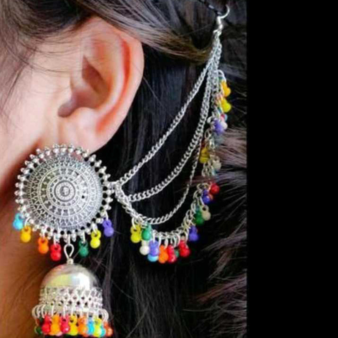 Buy Shining Diva Silver Toned Oxidised Contemporary Jhumkas With Chain  Earrings - Earrings for Women 15920648 | Myntra